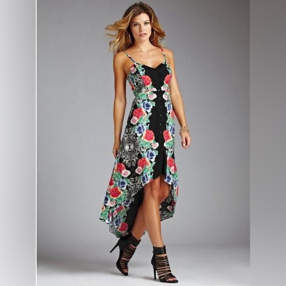 Guess Makaila black floral garden riot high low hemline dress